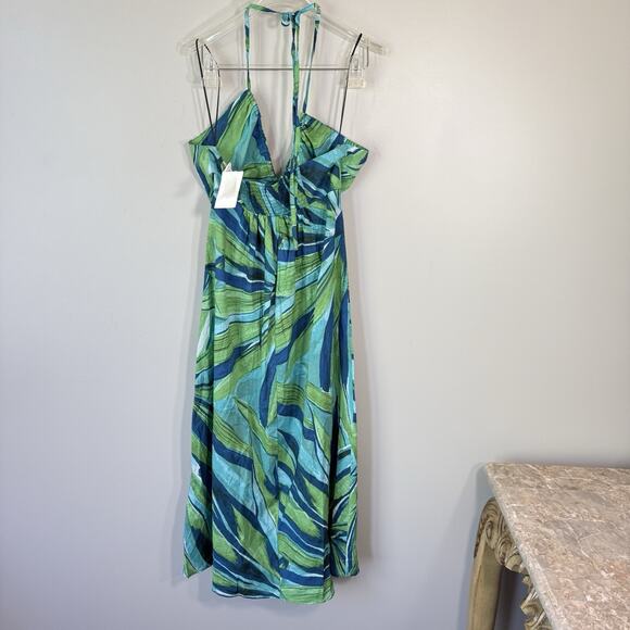 H&M Green Blue Printed Halter V-Neck Midi Dress Size M A-line Spring Summer New - Picture 6 of 9